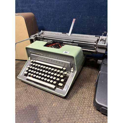 51 - A REMINGTON INTERNATIONAL TYPEWRITER, a sharp PA-3100S electric typewriter, a vintage Calor table fa... 