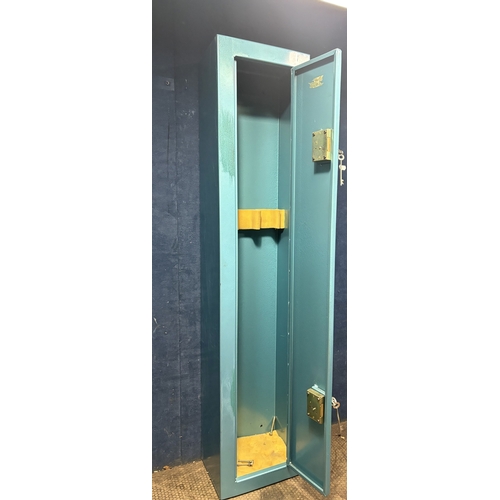 57 - AN UNBRANDED BLUE FINISH GUN CABINET, with the space for three guns, with four keys, condition repor... 