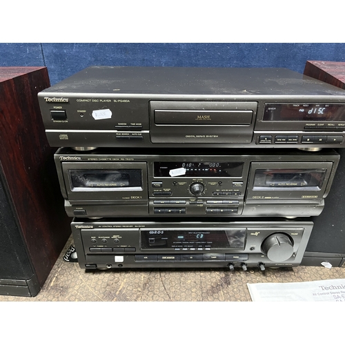 64 - A TECHNICS AND MORDAUNT SHORT COMPONENT HI FI, comprising a SA-EX100 amplifier, a RS-TR373 dual tape... 