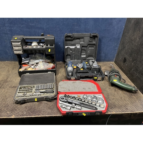 67 - A COLLECTION OF TOOLS, including two Teng tools socket sets, a Bosch drill and a Power Craft cordles... 