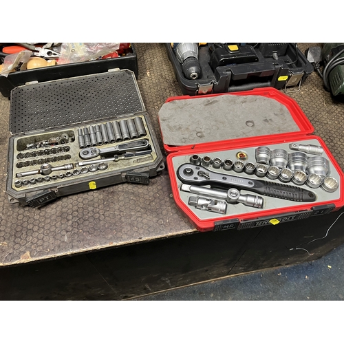 67 - A COLLECTION OF TOOLS, including two Teng tools socket sets, a Bosch drill and a Power Craft cordles... 