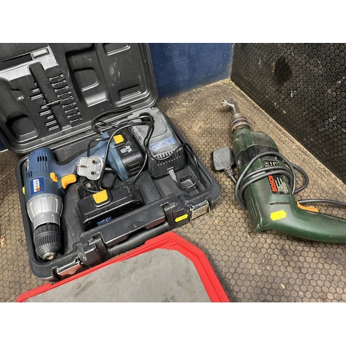 67 - A COLLECTION OF TOOLS, including two Teng tools socket sets, a Bosch drill and a Power Craft cordles... 