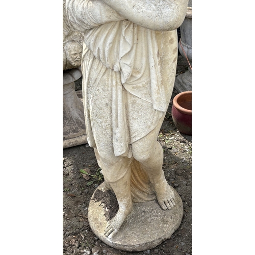 7 - A WEATHERED CONCRETE GARDEN STATUE, of a Gracian semi-clad lady, height 116cm, condition report: no ... 