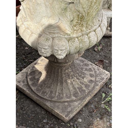 8 - A LARGE WEATHERED CONCRETE MEDICI GARDEN URN, with a classical pattern, on a separate base, diameter... 