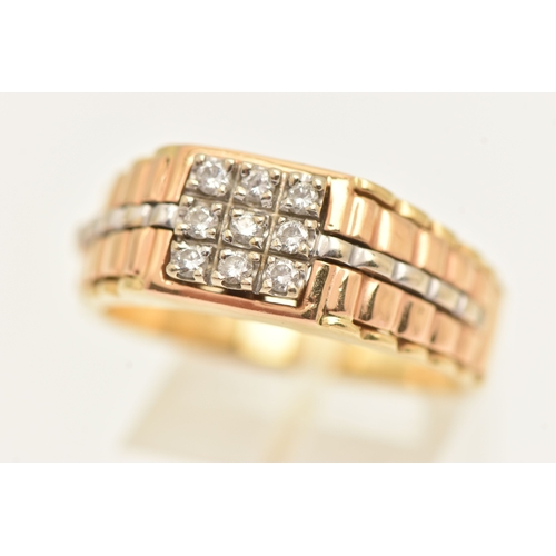 432 - A ROLEX STYLE RING, bi colour ring set with nine round brilliant cut diamonds, approximate width 9mm... 