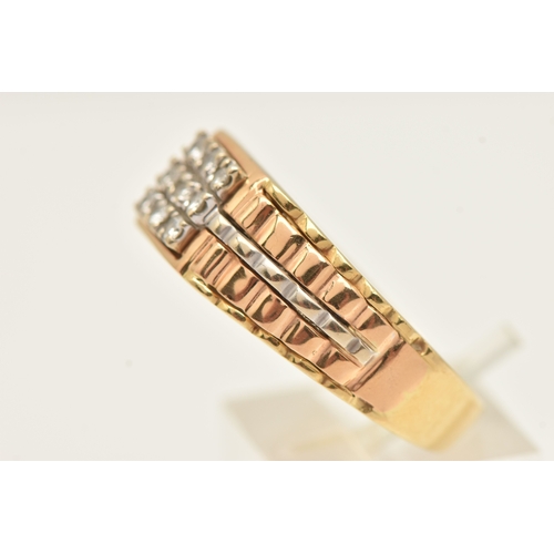 432 - A ROLEX STYLE RING, bi colour ring set with nine round brilliant cut diamonds, approximate width 9mm... 