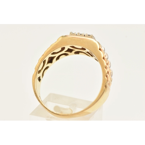 432 - A ROLEX STYLE RING, bi colour ring set with nine round brilliant cut diamonds, approximate width 9mm... 