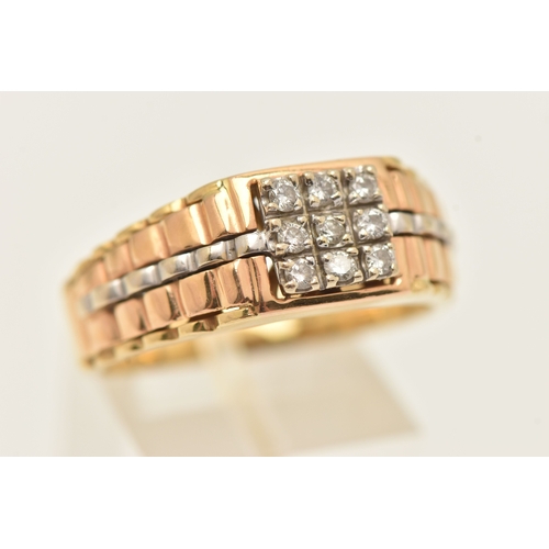 432 - A ROLEX STYLE RING, bi colour ring set with nine round brilliant cut diamonds, approximate width 9mm... 