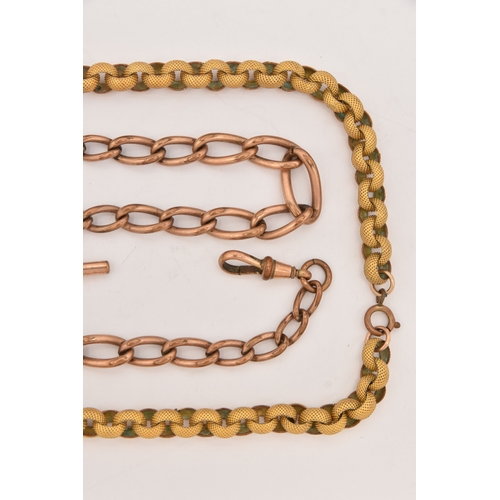 433 - AN ALBERT CHAIN AND BELCHER CHAIN, a rolled gold, elongated curb link Alber chain fitted with a T ba... 