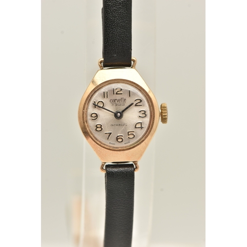 473 - A 9CT YELLOW GOLD LADIES WRISTWATCH, hand wound movement, round dial signed 'Corvette', yellow gold ... 