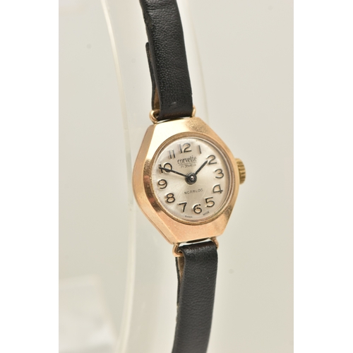 473 - A 9CT YELLOW GOLD LADIES WRISTWATCH, hand wound movement, round dial signed 'Corvette', yellow gold ... 