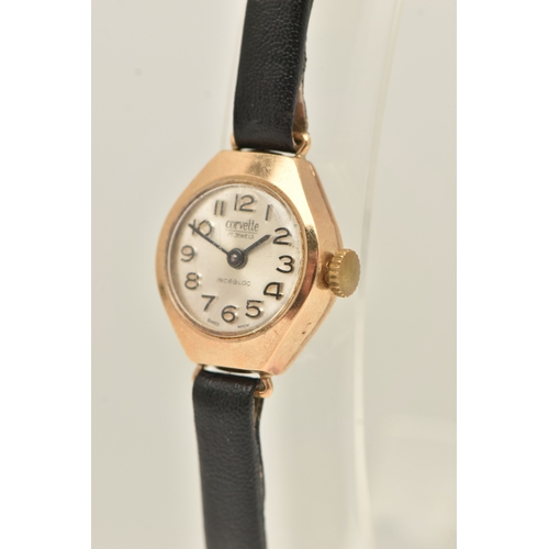473 - A 9CT YELLOW GOLD LADIES WRISTWATCH, hand wound movement, round dial signed 'Corvette', yellow gold ... 