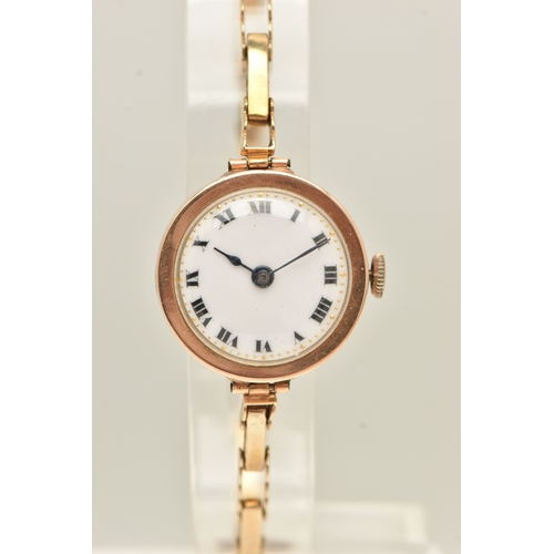 474 - A LADIES 9CT GOLD WRISTWATCH, manual wind, round white Roman numeral dial, polished case, inside cas... 