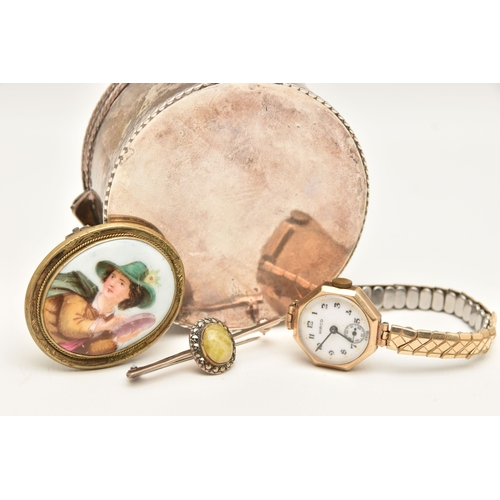 478 - A SMALL TRINKET BOX WITH ITEMS, to include a round white metal trinket box with hinged cover, unmark... 