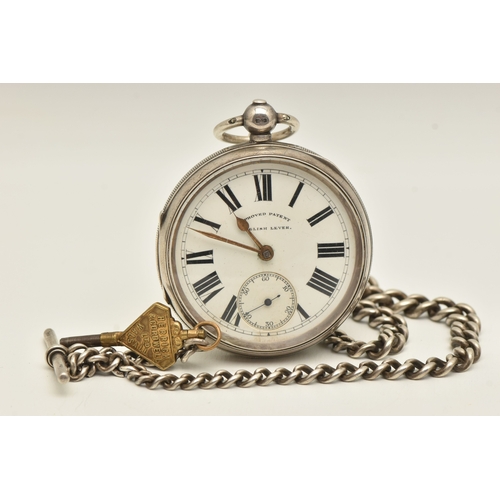 481 - A SILVER OPEN FACE POCKET WATCH AND ALBERT CHAIN, key wound movement, round dial signed 'approved pa... 