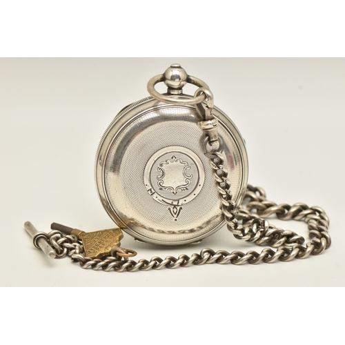 481 - A SILVER OPEN FACE POCKET WATCH AND ALBERT CHAIN, key wound movement, round dial signed 'approved pa... 