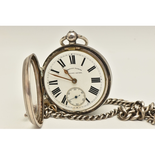481 - A SILVER OPEN FACE POCKET WATCH AND ALBERT CHAIN, key wound movement, round dial signed 'approved pa... 