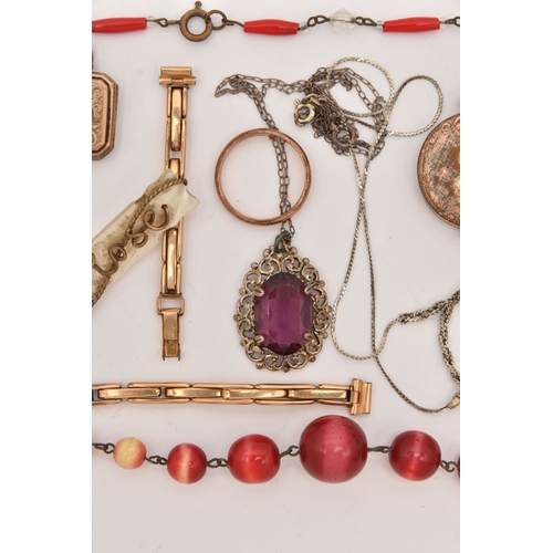 482 - A SMALL COLLECTION OF JEWELLERY, to include two rolled gold lockets, a rolled gold band ring, a dyed... 