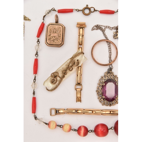 482 - A SMALL COLLECTION OF JEWELLERY, to include two rolled gold lockets, a rolled gold band ring, a dyed... 