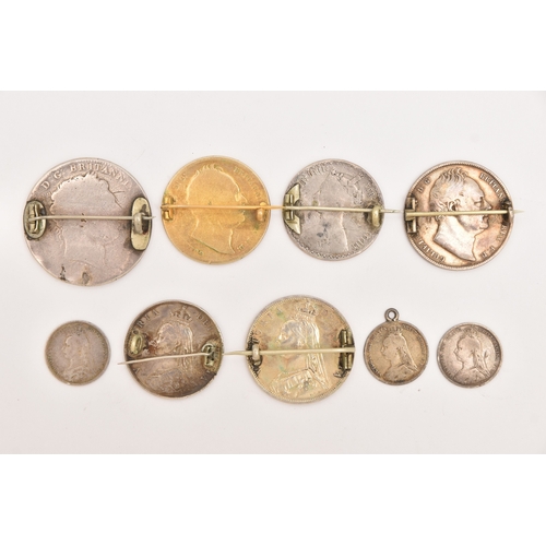 550 - FIVE COINS consisting of three 1887 enameled sixpence (slight hairline cracks), an 1887 enameled flo... 