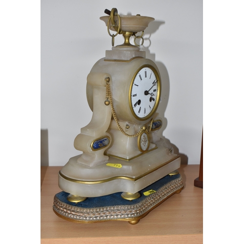 790 - A FRENCH ALABASTER MANTEL CLOCK, BRASS PICTURE FRAMES AND WOODEN BOOK ENDS, comprising a French alab... 