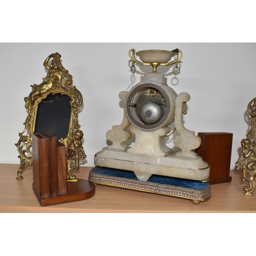 790 - A FRENCH ALABASTER MANTEL CLOCK, BRASS PICTURE FRAMES AND WOODEN BOOK ENDS, comprising a French alab... 