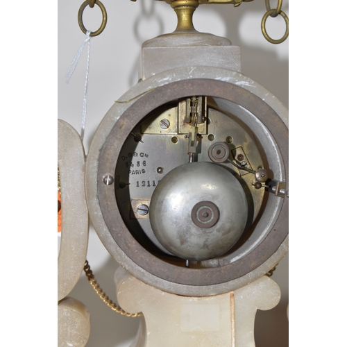 790 - A FRENCH ALABASTER MANTEL CLOCK, BRASS PICTURE FRAMES AND WOODEN BOOK ENDS, comprising a French alab... 