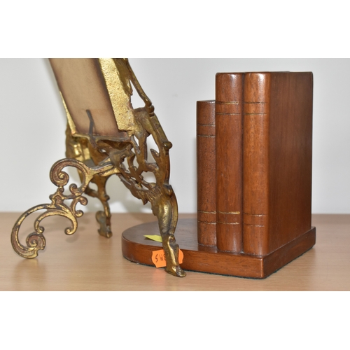 790 - A FRENCH ALABASTER MANTEL CLOCK, BRASS PICTURE FRAMES AND WOODEN BOOK ENDS, comprising a French alab... 