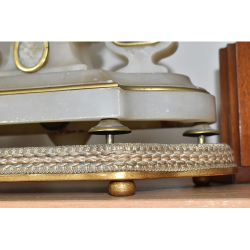 790 - A FRENCH ALABASTER MANTEL CLOCK, BRASS PICTURE FRAMES AND WOODEN BOOK ENDS, comprising a French alab... 