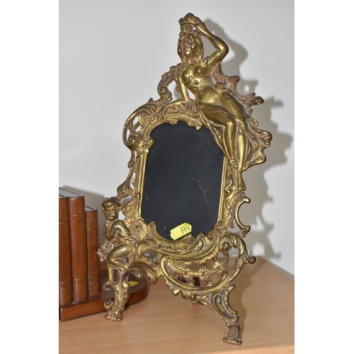 790 - A FRENCH ALABASTER MANTEL CLOCK, BRASS PICTURE FRAMES AND WOODEN BOOK ENDS, comprising a French alab... 