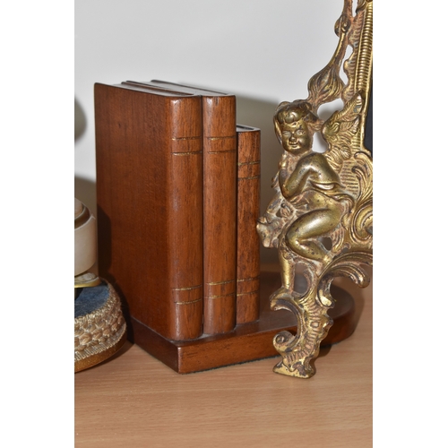 790 - A FRENCH ALABASTER MANTEL CLOCK, BRASS PICTURE FRAMES AND WOODEN BOOK ENDS, comprising a French alab... 