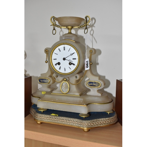 790 - A FRENCH ALABASTER MANTEL CLOCK, BRASS PICTURE FRAMES AND WOODEN BOOK ENDS, comprising a French alab... 