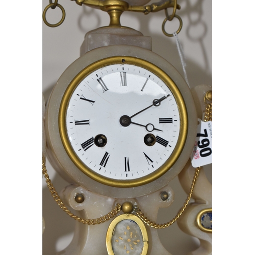 790 - A FRENCH ALABASTER MANTEL CLOCK, BRASS PICTURE FRAMES AND WOODEN BOOK ENDS, comprising a French alab... 