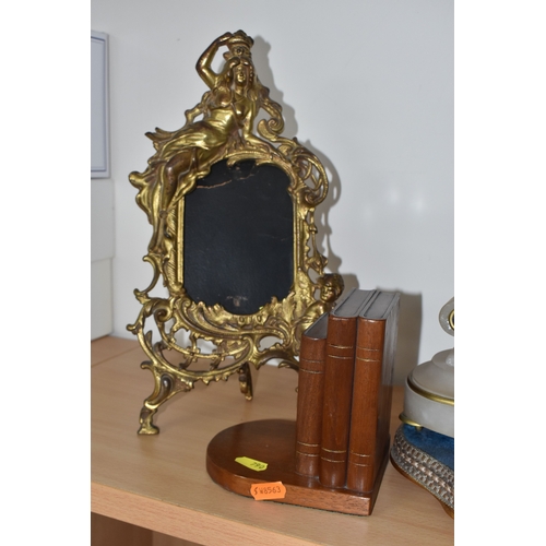 790 - A FRENCH ALABASTER MANTEL CLOCK, BRASS PICTURE FRAMES AND WOODEN BOOK ENDS, comprising a French alab... 
