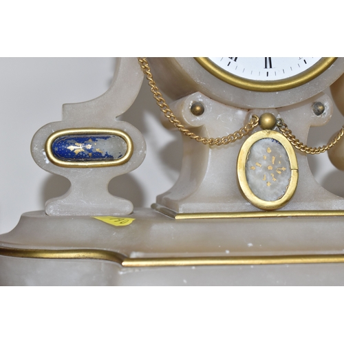 790 - A FRENCH ALABASTER MANTEL CLOCK, BRASS PICTURE FRAMES AND WOODEN BOOK ENDS, comprising a French alab... 