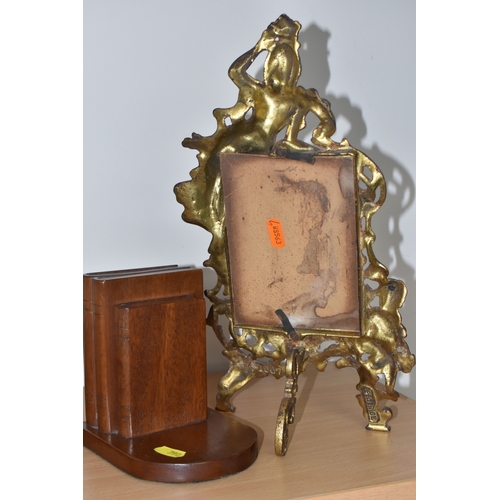 790 - A FRENCH ALABASTER MANTEL CLOCK, BRASS PICTURE FRAMES AND WOODEN BOOK ENDS, comprising a French alab... 