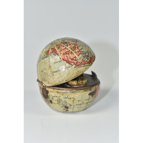 795 - NOVELTY ANTIQUE GLOBE TRAVEL INKWELL, circa approximately 1900, featuring a global metal base and hi... 