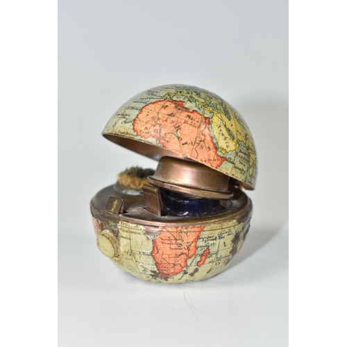 795 - NOVELTY ANTIQUE GLOBE TRAVEL INKWELL, circa approximately 1900, featuring a global metal base and hi... 