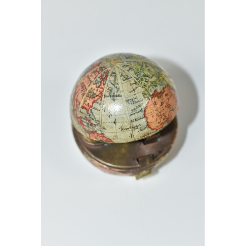 795 - NOVELTY ANTIQUE GLOBE TRAVEL INKWELL, circa approximately 1900, featuring a global metal base and hi... 