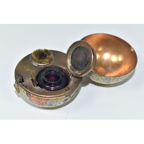 795 - NOVELTY ANTIQUE GLOBE TRAVEL INKWELL, circa approximately 1900, featuring a global metal base and hi... 