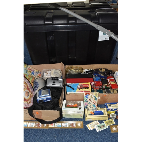 854 - TWO BOXES AND LOOSE DIECAST VEHICLES AND SUNDRY ITEMS, to include a selection of playworn and boxed ... 