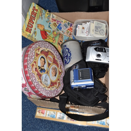 854 - TWO BOXES AND LOOSE DIECAST VEHICLES AND SUNDRY ITEMS, to include a selection of playworn and boxed ... 