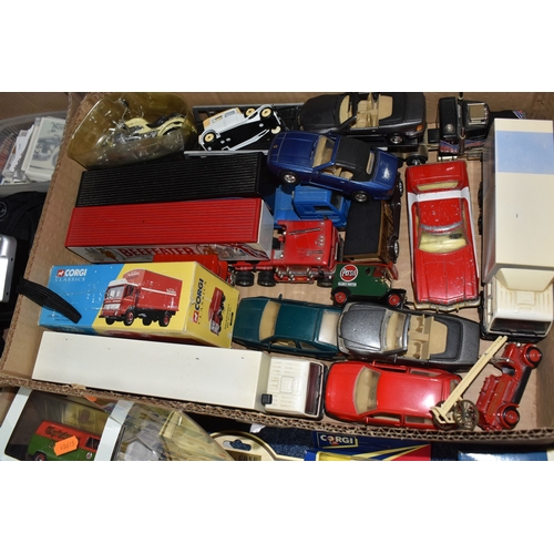 854 - TWO BOXES AND LOOSE DIECAST VEHICLES AND SUNDRY ITEMS, to include a selection of playworn and boxed ... 