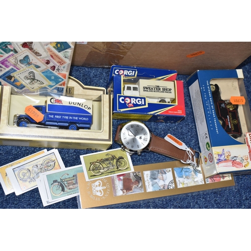 854 - TWO BOXES AND LOOSE DIECAST VEHICLES AND SUNDRY ITEMS, to include a selection of playworn and boxed ... 