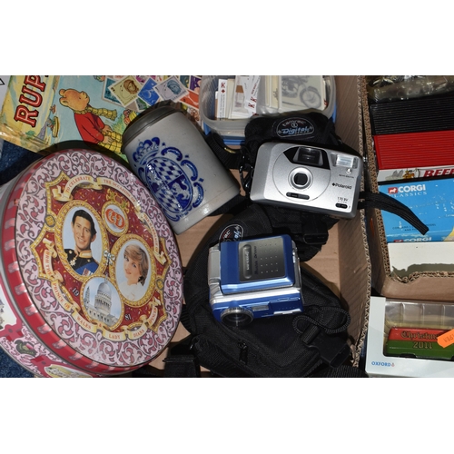 854 - TWO BOXES AND LOOSE DIECAST VEHICLES AND SUNDRY ITEMS, to include a selection of playworn and boxed ... 