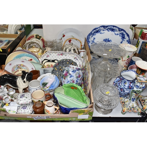 896 - TWO BOXES AND LOOSE CERAMICS AND GLASS, to include large meat platters, tea and dinnerware, cake sta... 