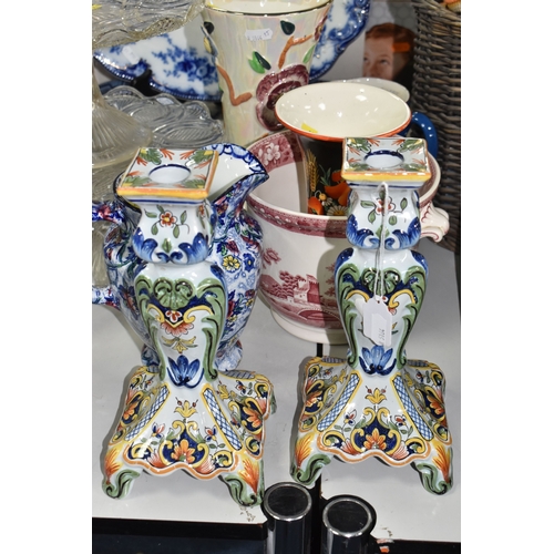 896 - TWO BOXES AND LOOSE CERAMICS AND GLASS, to include large meat platters, tea and dinnerware, cake sta... 