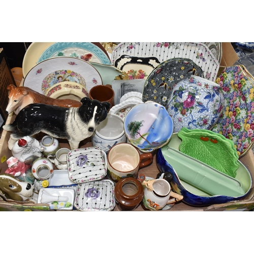 896 - TWO BOXES AND LOOSE CERAMICS AND GLASS, to include large meat platters, tea and dinnerware, cake sta... 