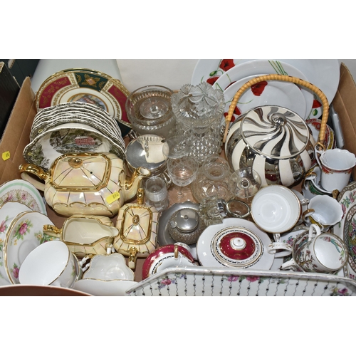896 - TWO BOXES AND LOOSE CERAMICS AND GLASS, to include large meat platters, tea and dinnerware, cake sta... 