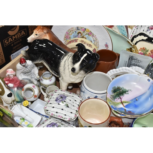 896 - TWO BOXES AND LOOSE CERAMICS AND GLASS, to include large meat platters, tea and dinnerware, cake sta... 